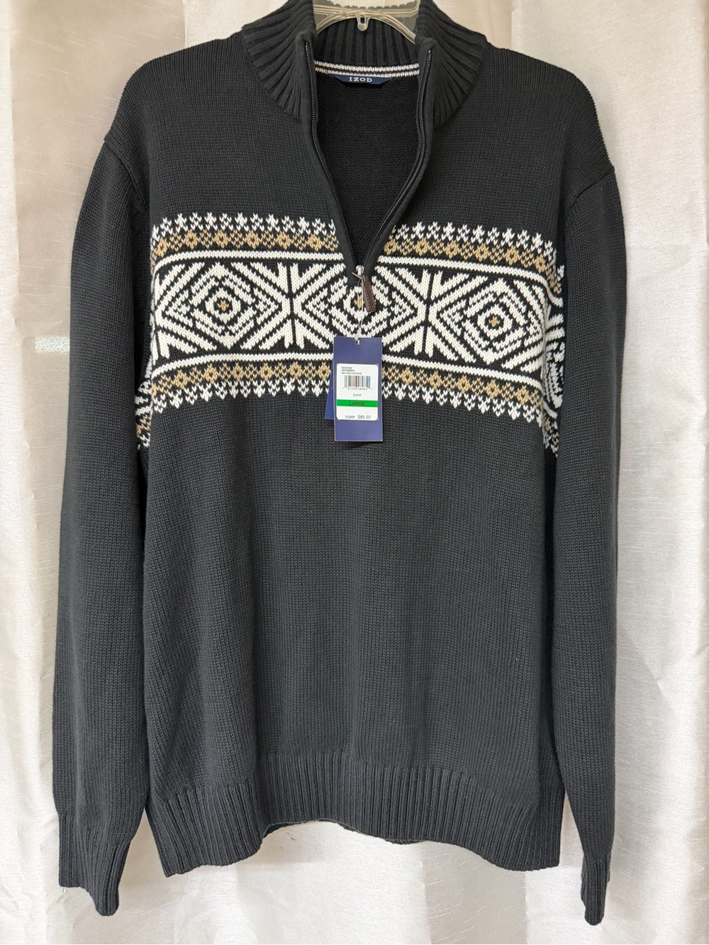 NWT Men's Black Zip-Neck Sweater with Nordic Chest Pattern